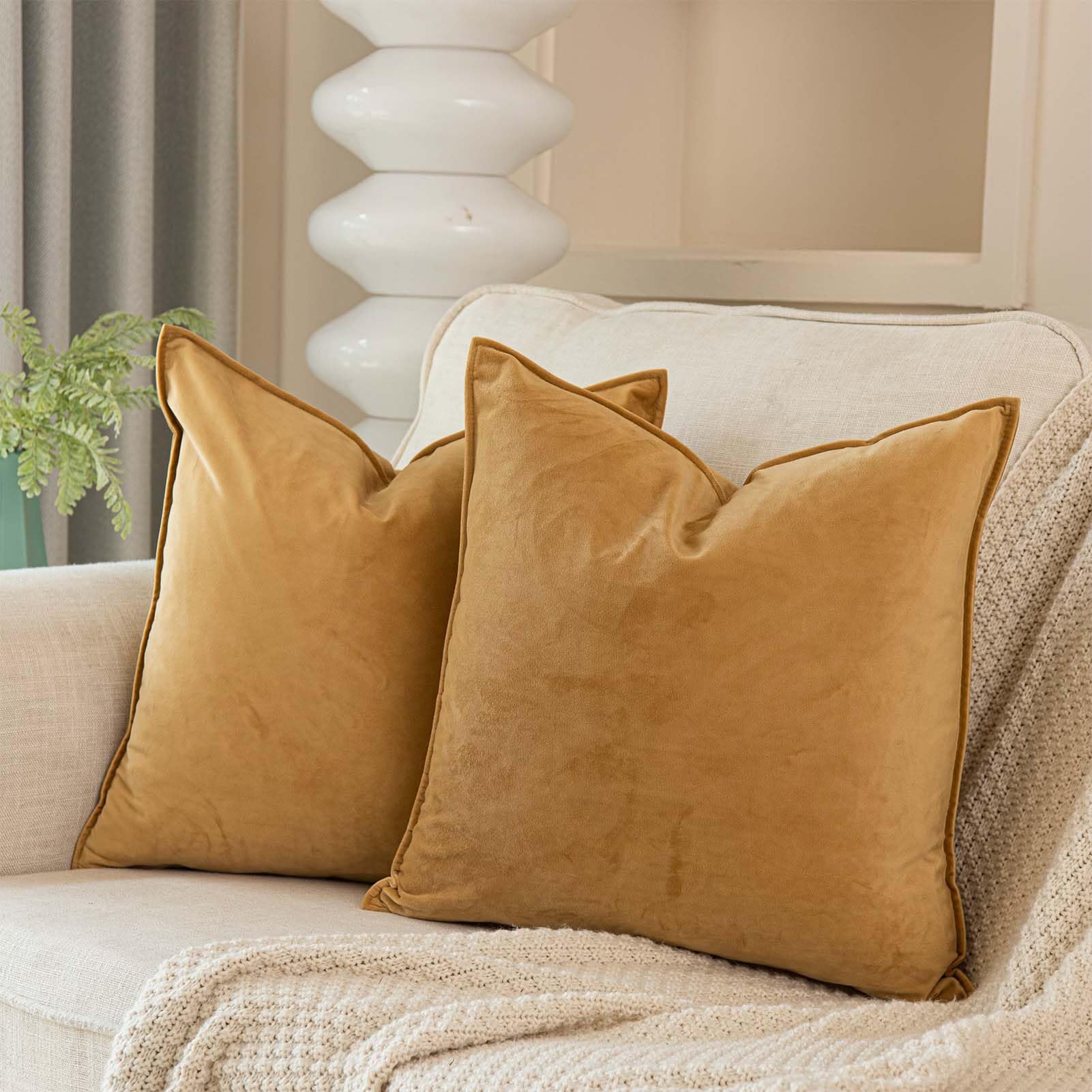 JUSPURBET Khaki Decorative Velvet Throw Pillow Covers 14x14 inch Set of 2,Broadside Soft Cushion Case with Invisible Zipper for Sofa Couch Bed Car โ image 1