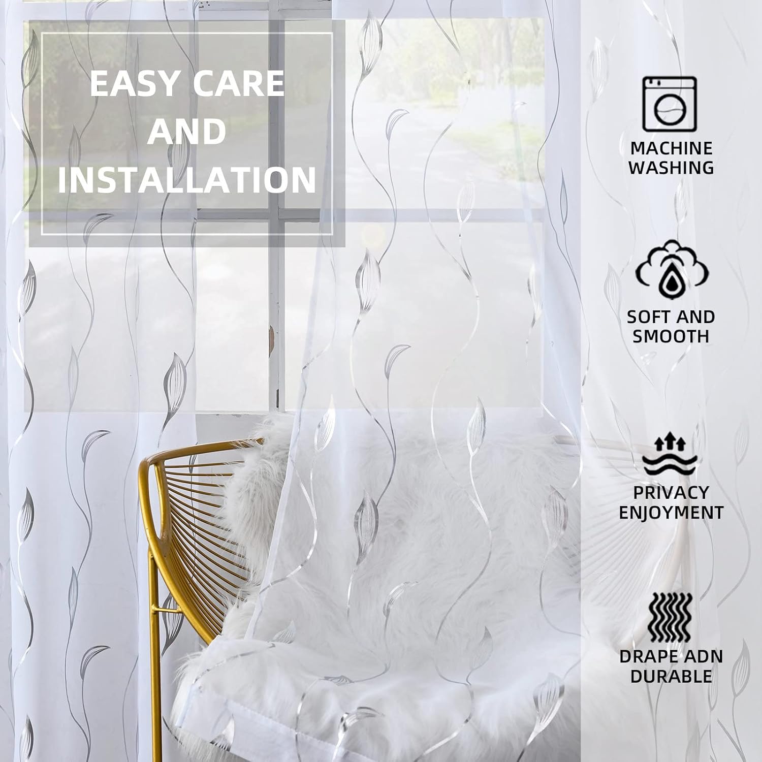 youleyar Silver Foil Print Voile Sheer Curtains,Wicker Grommet Top Window Drapes 84 Inches Long, Luxury Metallic Bronzing Treatment Panels for Home Window Decoration, 2 Panels