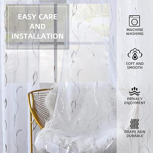 Miniatura 4 de youleyar Cortinas transparentes de gasa con estampado de lámina plateada, cortinas de mimbre con ojales en la parte superior de 84 pulgadas de