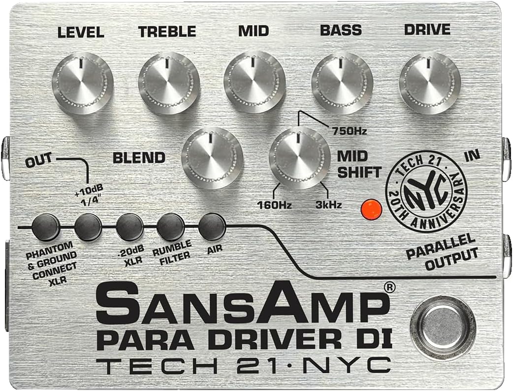 Tech 21 SansAmp Para Driver V2 DI Pedal - 20th Anniversary Limited Edition Silver - Bundle with 2 Patch Cables and 3 Dunlop Bass Picks