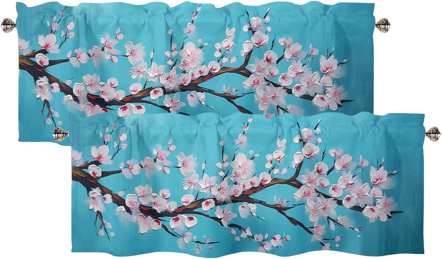 Cherry Blossom Window Valances Japanese Floral Plum Blossom Teal Blue and Pink Window Treatment Decor Curtains Rod Pocket Valances for Kitchen/Living Room 54x18inch, 2 Piece