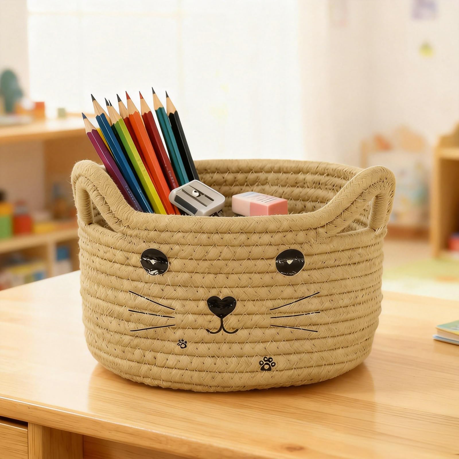 Cestas Almacenaje Pequeña, Cesta de Almacenamiento con forma de gato, Cestas Bebe de Cuerda de Algodón, aprox. 21 x 12 cm, para Guardar Toallas, Juguetes y Cosméticos (Color Caramel)