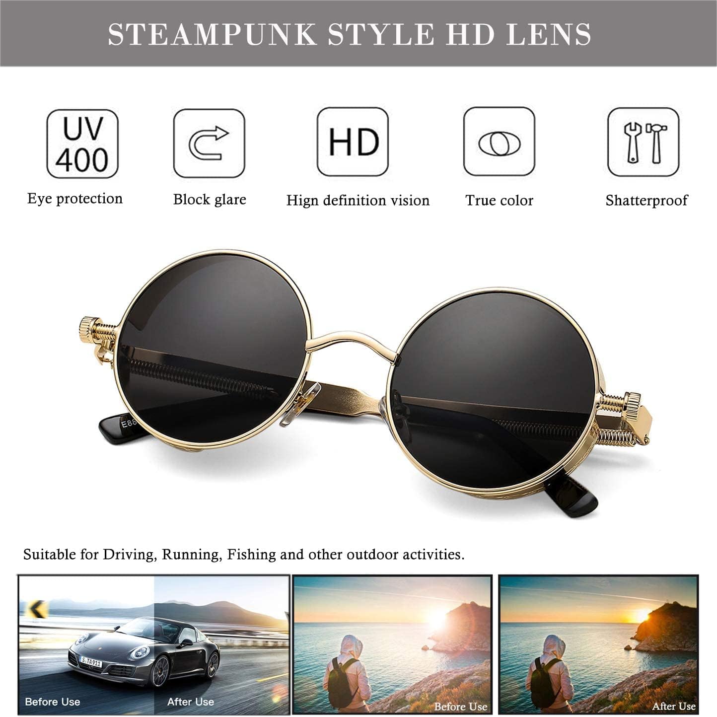 Miniatura 6 de HJSTES Gafas de sol redondas estilo steampunk vintage para mujeres y hombres, gafas góticas circulares, marco de metal retro
