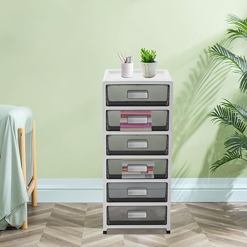 Miniatura 5 de Organizador de escritorio de 6 cajones con bandeja superior, organizador de cajones de plástico, carrito de almacenamiento rodante, cajas de