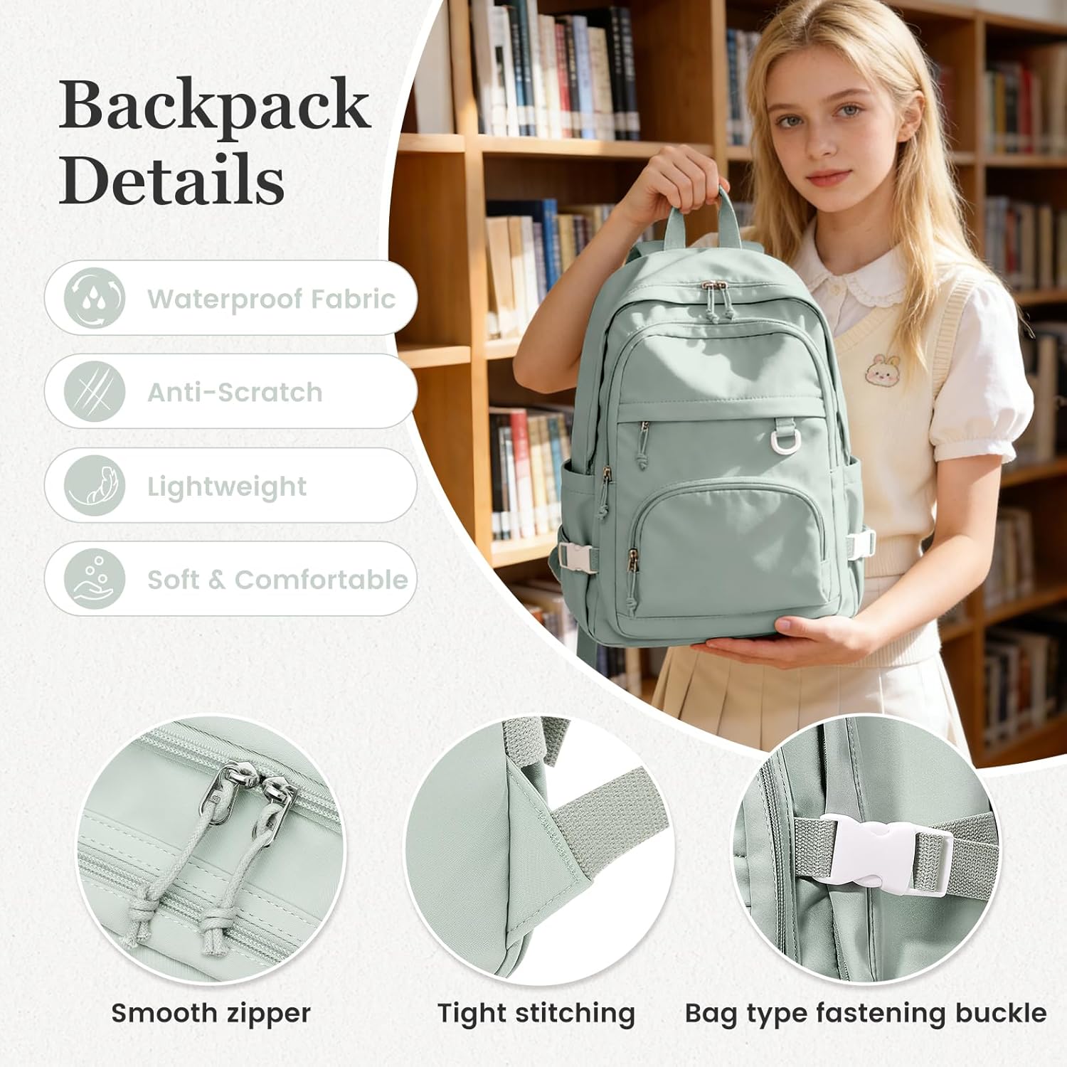 Lightweight College Backpack for Women Men Cute School Bag for Teens Girls Boys High School Backpack for Students Waterproof Casual Daypack Backpack(Green) - Image 5
