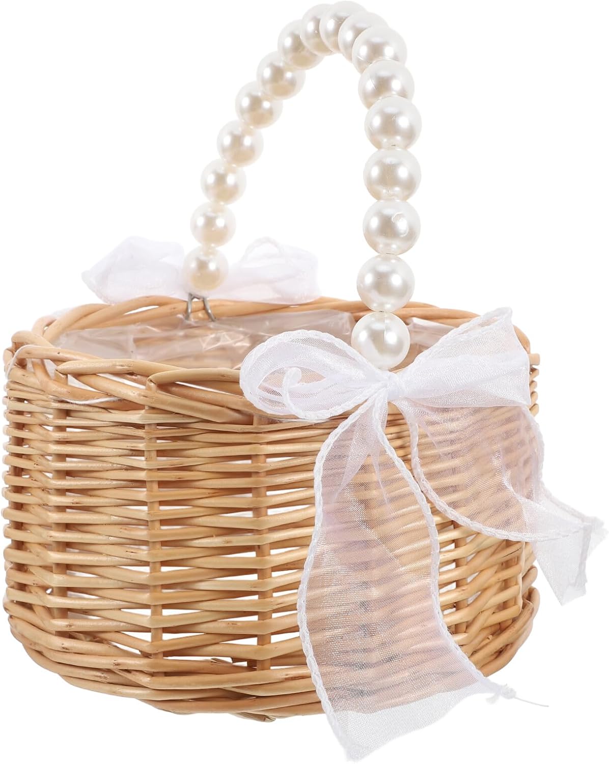 Woven Pearl Handle Flower Girl Basket Small Wicker Basket for Wedding Ceremony Indoor Plant Storage with Handle