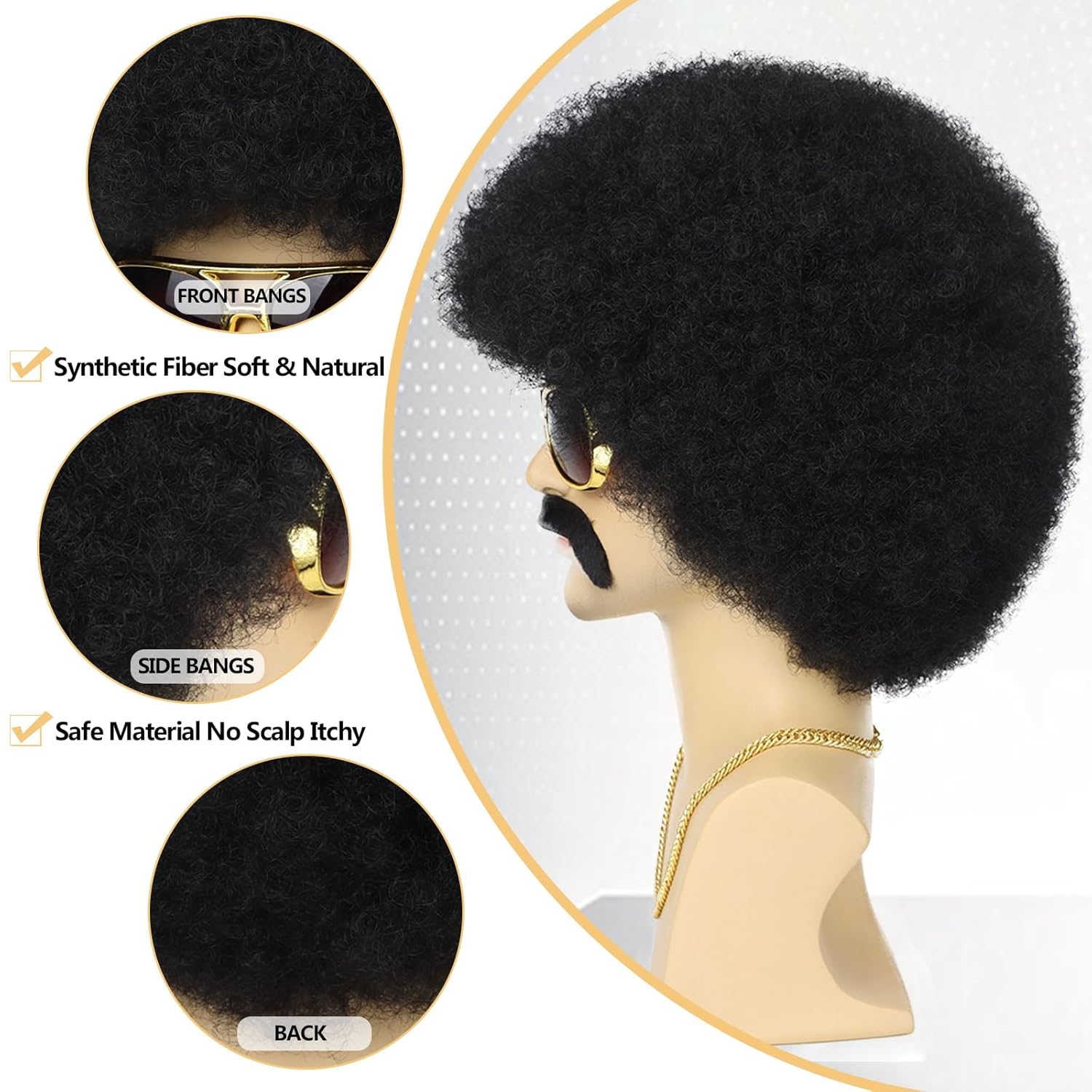 70s Mens Afro Wig 5pcs Set (Wig+ Glasses+ Necklace+ Mustache+ WigCap) Short Curly Afro Male Wigs For 70s 80s Retro Disco Outfit Men Party Cosplay Costume Halloween Use(Black) - Image 6