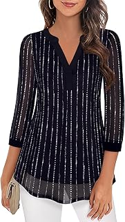 Flikity Womens Blouses 3/4 Sleeve Tunic Tops Loose Flowy V Neck Chiffon Top Double Layers Mesh Shirts S-3XL