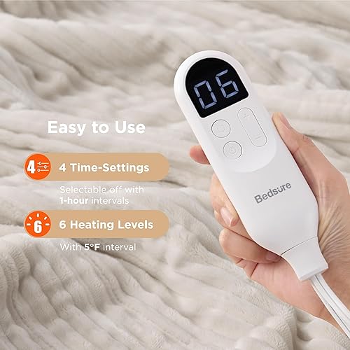 Vista 234 de Bedsure GentleSoft - Manta térmica eléctrica, suave manta eléctrica de franela acanalada, calefacción con 4 ajustes de tiempo, 6 ajustes de calor