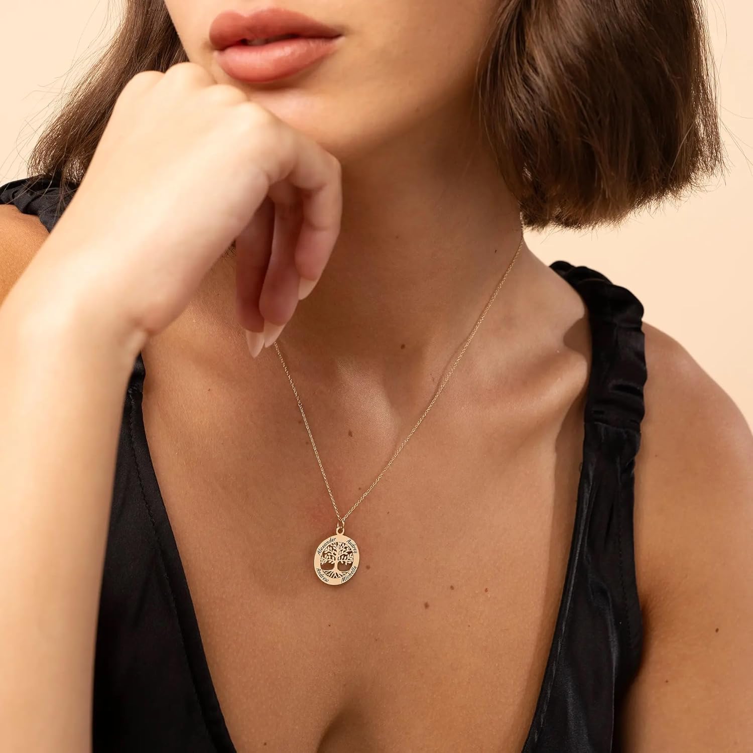 Personalized Engraved Circle Family Tree Necklace with Cubic Zirconia / Diamond Stones For Woman, Her, Grandma, New Mom - Custom Dainty Jewelry For Mother's Day, Christmas, Birthday - 0.925 Sterling Silver, 18K Gold & Rose Gold Plating, Vermeil