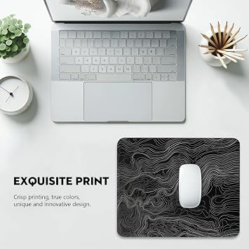Elegant Black and White Topographic Design Mouse Pad for Office and Home Use, Stitched Edges Non-Slip Rubber Base Mouse Pads for Computers Laptop