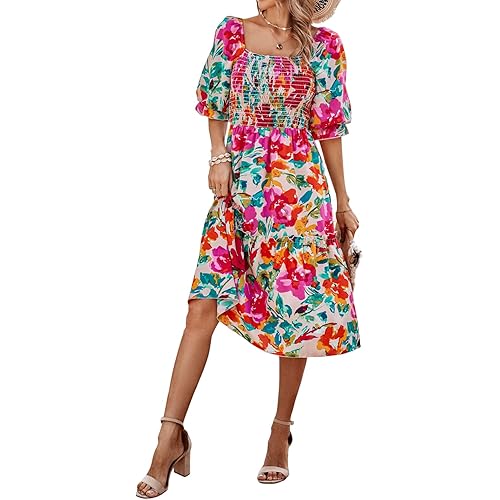 PRETTYGARDEN Women's Summer Casual Dresses 2025 Spring Puff Sleeve Square Neck A-line Flowy Boho Floral Smocked Midi Dress