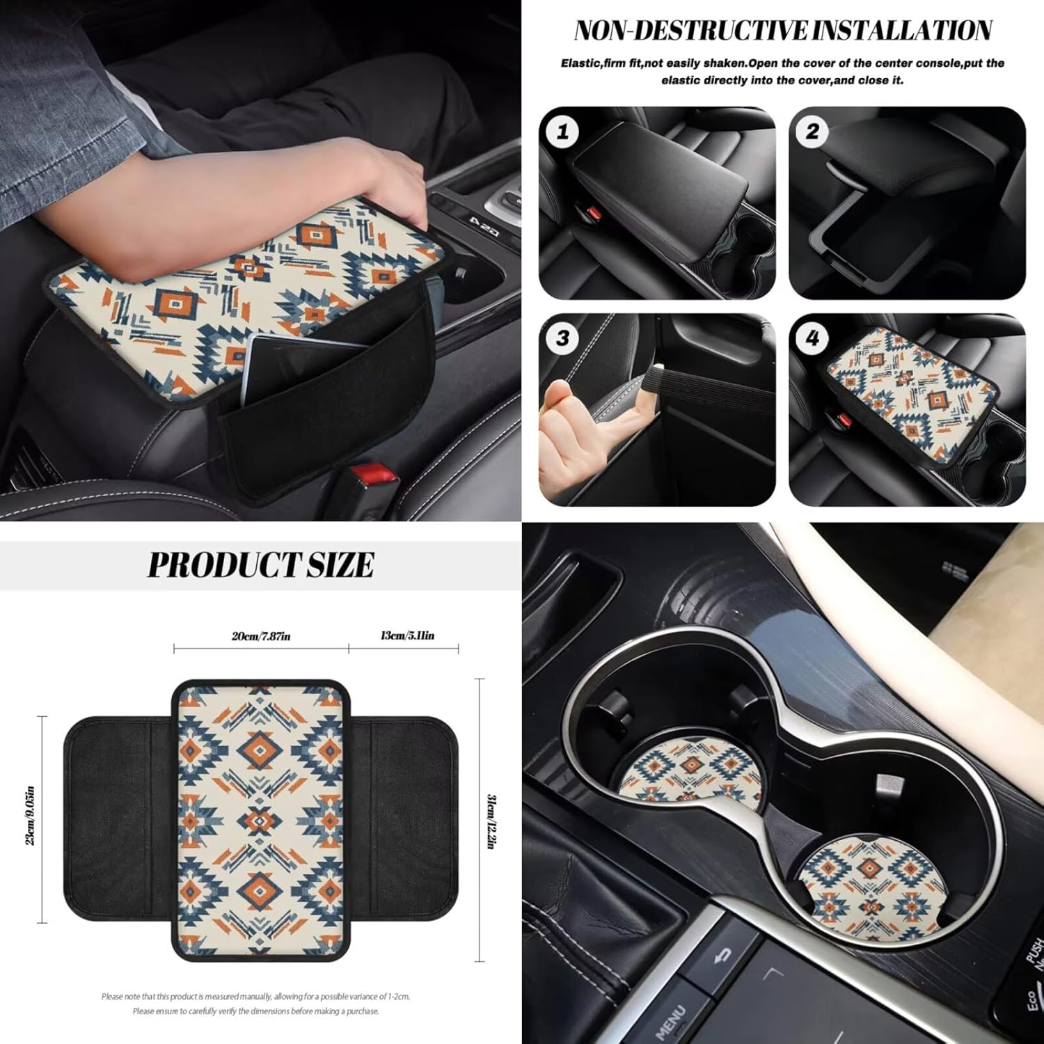 Wanyint 12 PCS Auto Accessories Car Seat Covers Set, with Steering Wheel Seat Belt Armrest Rear View Mirror Cover Trash Bin Sunglass Pocket Coaster Key Chain, Southwest Aztec Blue Orange