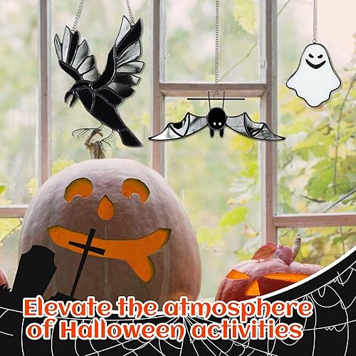 Miniatura 7 de Soaoo 3 piezas de vidrieras de Halloween para colgar en la ventana de murciélagos, decoración de Halloween, decoración de cuervo colgante de