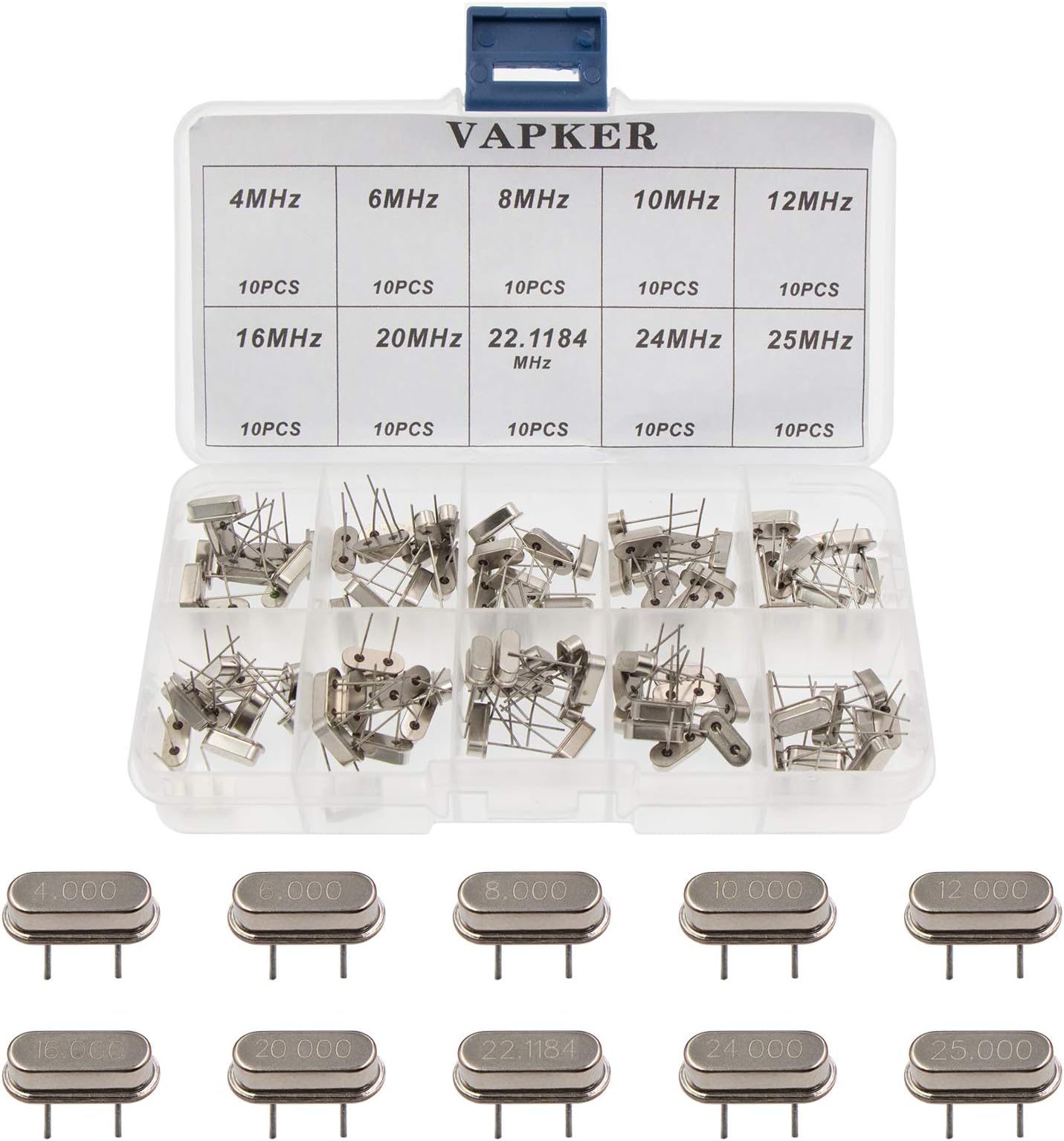 VAPKER 100 Pcs 10 value DIP Quartz Crystal Oscillator 4M,6M,8M,10M,12M,16M,20M,22.1184M,24M,25M Crystal Resonators Oscillator Assortment Kit