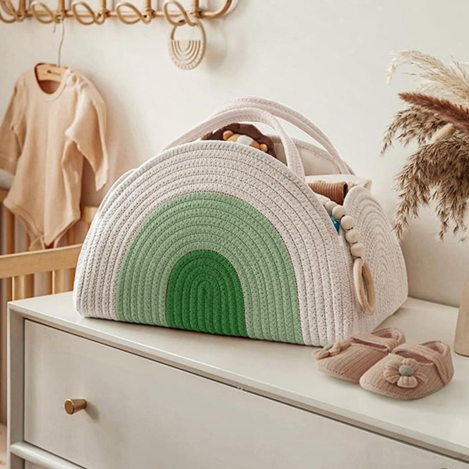 Organizer per fasciatoio, corda di cotone, organizer con divisorio, cestino portatile per pannolini per bambini, regalo per baby shower (bianco e verde)