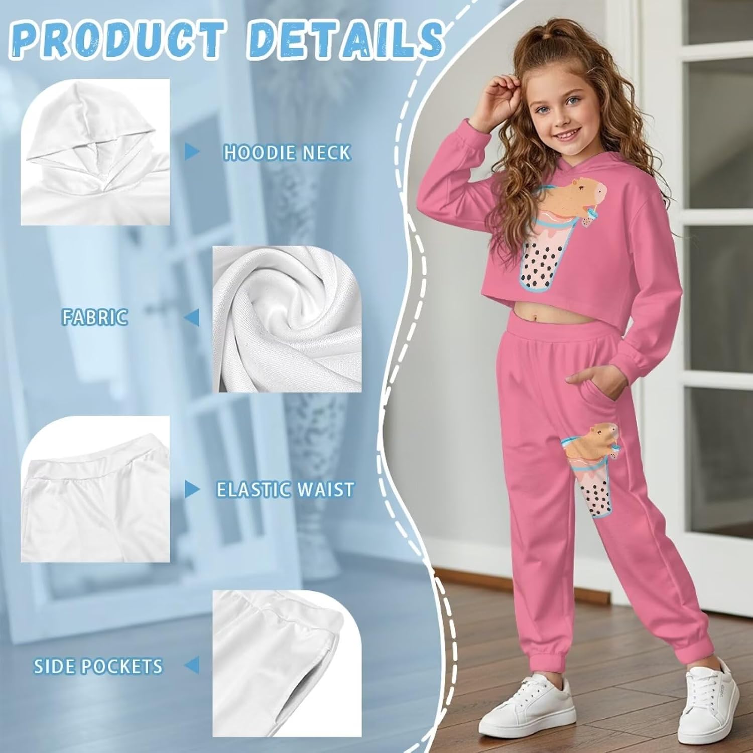 2 Piece Girls Sweatsuit Y2K Tracksuit Cropped Hoodie Pant Sets with Pocket