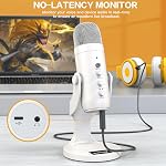ZealSound Podcast Microphone, Mic d'annulation de bruit avec gain, réglage du volume & Bouton Mute, Moniteur & Echo, pour ASMR, Enregistrement vocal, YouTube, TikTok, PC, iPhone, iPad, Android, Mac, K66, blanc
