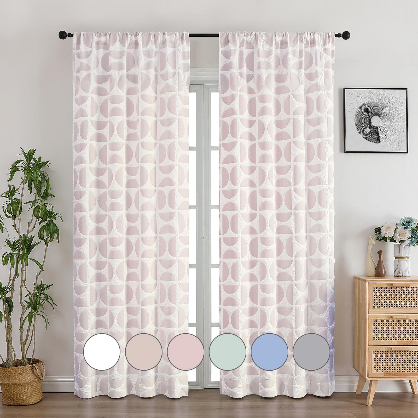 Aiyufeng Pink and White Curtains 84 Inches Long 2 Panels Set, Lightweight & Light Filtering 3D Embossed Textured Window Curtains for Bedroom Living Room, Pink Semi Curtains Drapes, 38" Wx84 L
