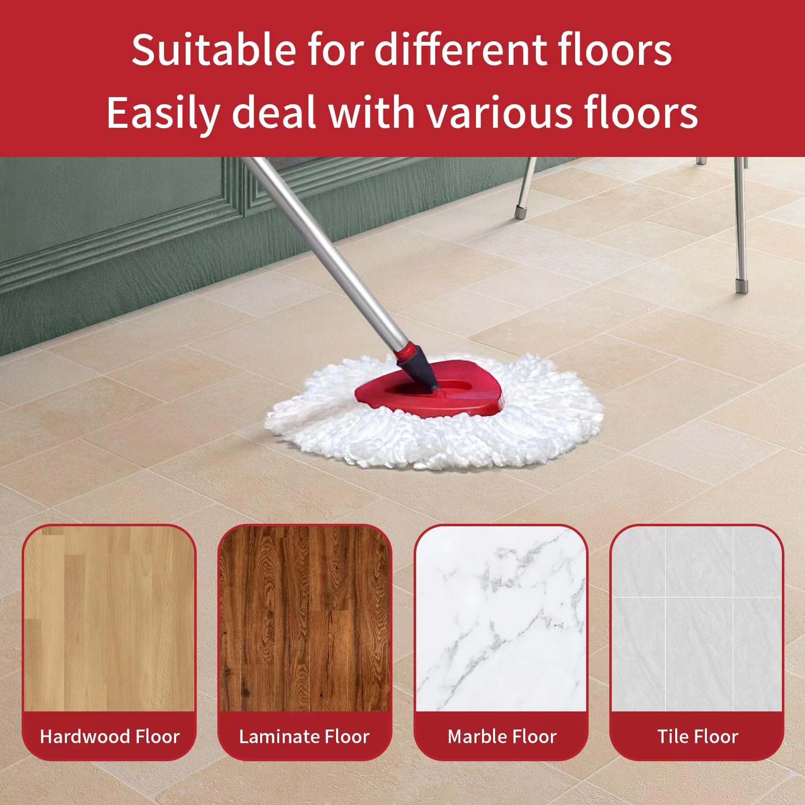 Spin Mop Replace Head Base, Handle Compatible with O Cedar EasyWring Microfiber Spin Mop,6 Mop Refills Replacement Heads, 30-58" Mop Handle and 1 Mop Base Combo Set (White,1-Tank System)484609067949772804