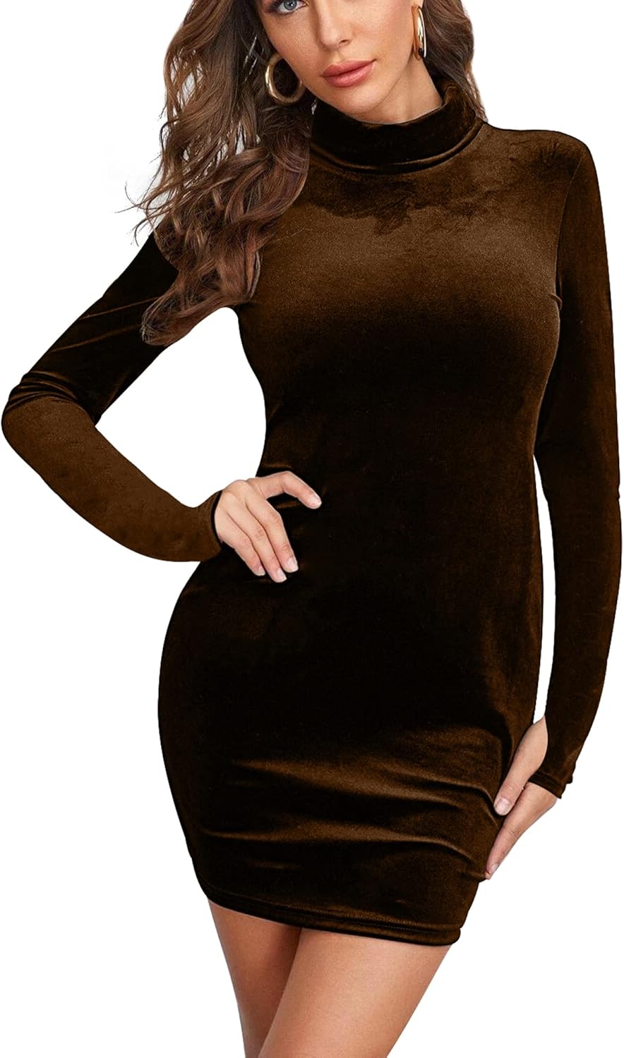 Mizoci Women's Sexy Bodycon Long Sleeve Elegant Velvet Mock Neck Mini Club Party Dress - Image 2