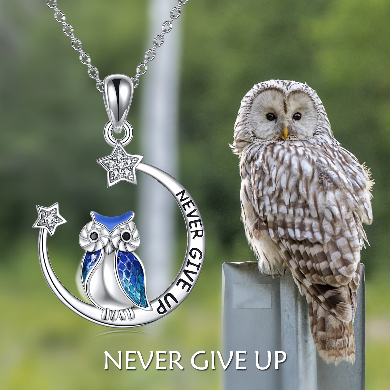 YFN Owl eulen Halskette Inspirierender Schmuck Sterling Silber Geben Sie niemals auf Eulengeschenke Moon Star Halskette für Frauen Girlsr (Blue)