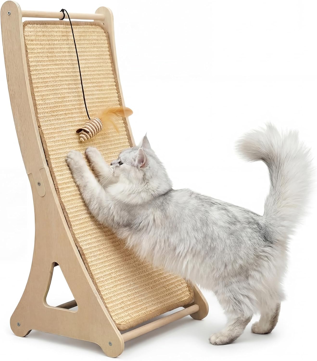 Sisal Cat Scratcher, 24" Wooden Cat Scratch Ramp, Climbing Vertical Scratch Pad with Feather Mouse Toy, Scratching Board for Indoor Cats, Scratcher Post for Couch, Wall Furniture Protector