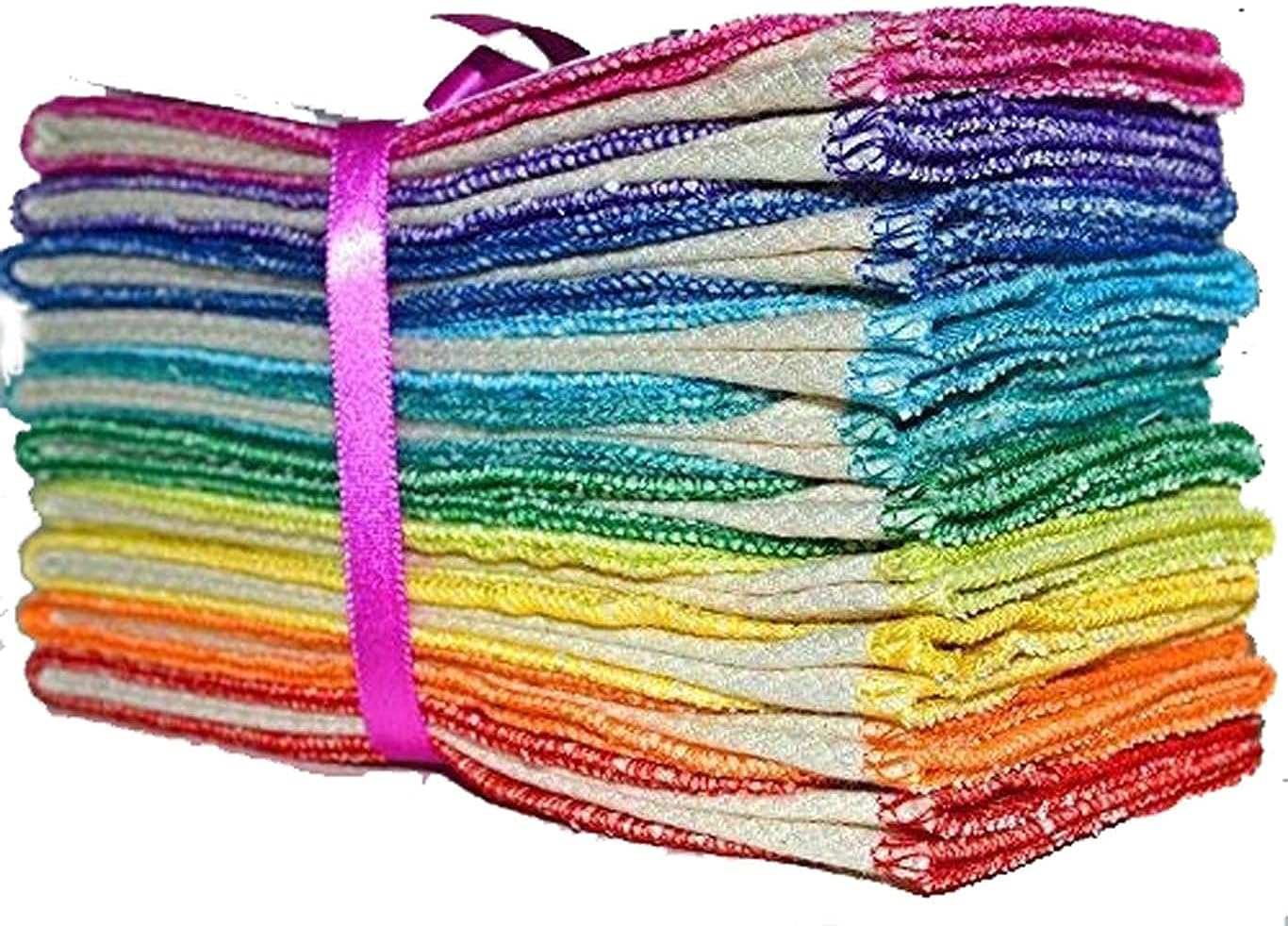 Gina's Soft Cloth Shop 2 Ply 11x12 Inches Unbleached Cotton Birdseye Paperless Towel Set of 10 Rainbow Edging - Proudly Made in the USA!