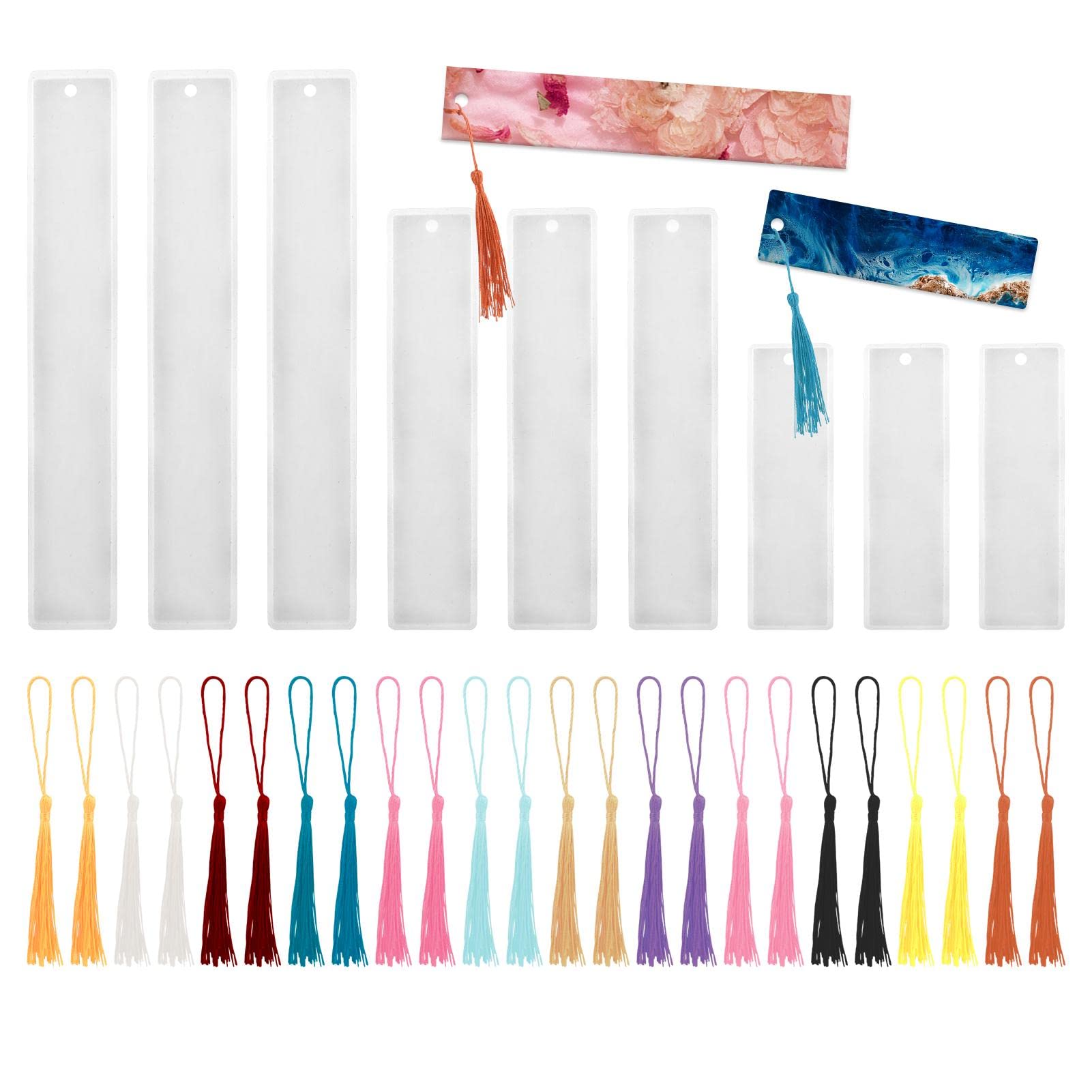ALEOHALTER 33 Pcs Bookmark Epoxy Resin Mold Set, 9 Pcs Silicone Bookmark Moulds with 24 Pcs Colorful Tassels