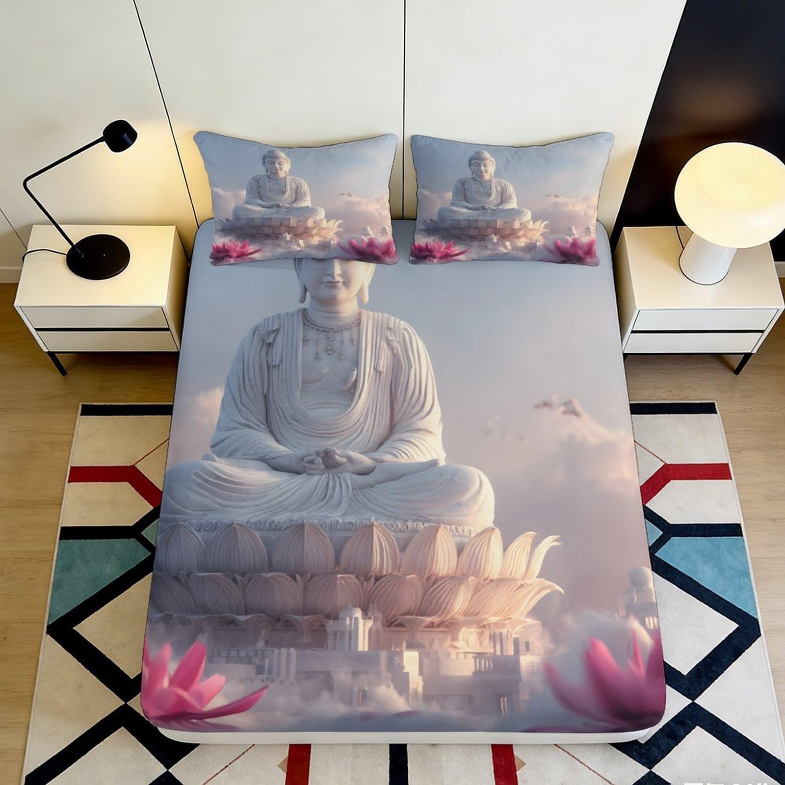 3D Printed Zen Buddha Fitted Sheet Microfiber Non-Slip Deep Pocket Lotus Mattress Fitted Cover Bedroom Bedding 200x200x25cm 90x200x25cm