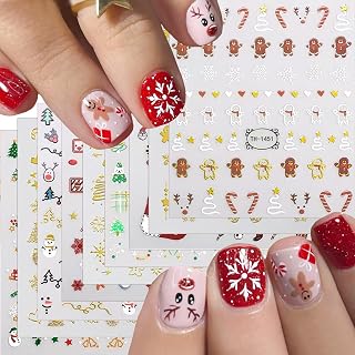 9 Sheets Christmas Nail Stickers Snowman Gingerbread Man Nail Decals Gold Xmas Tree Candy Nails Art Stickers 3D Self Adhesive Winter Nail Supplies Charm for Women Christmas Nail Art Decoration
