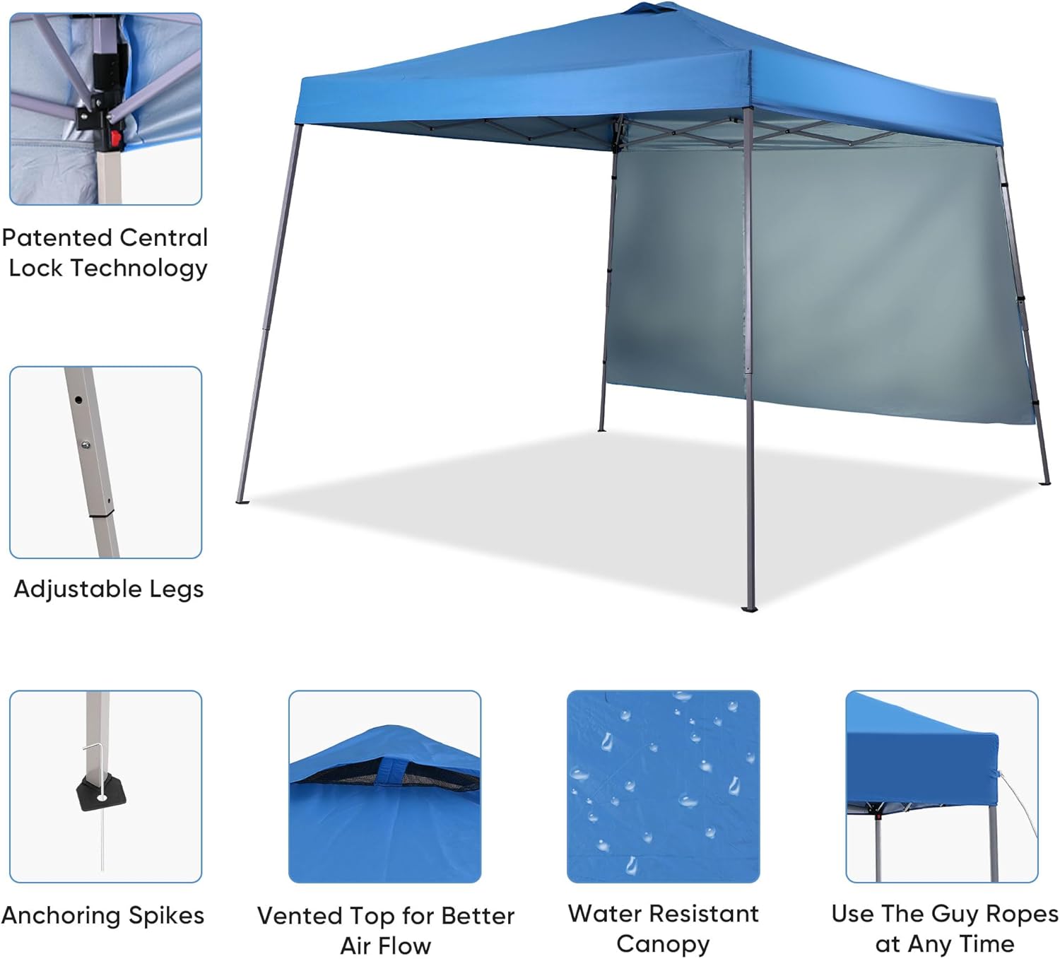 GDY 10x10 FT Pop Up Canopy Outdoor Instant Tent Slant Legs with a Sidewall,Equipment Vents, Portable Gazebo Shelter for Patio, Deck, Beach and Garden,Sky Blue.