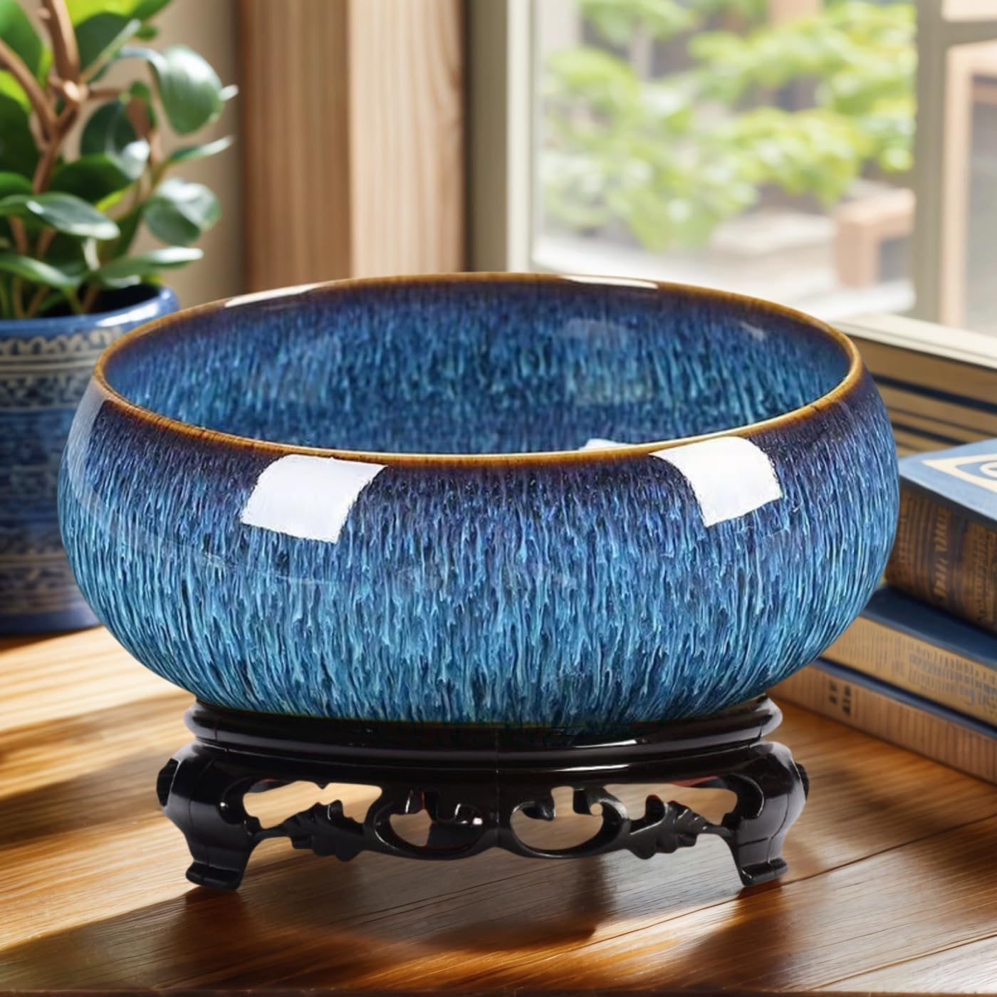 Lotus Bowl Planter with Stand, Ceramic Lotus Bowl, Lotus Flower Bowl, Lotus Bowls for Planting in Water Indoors, Lotus Pots for Water Plants, Apply to Succulent Bonsai Bowl Lotus Flower (Light Blue)