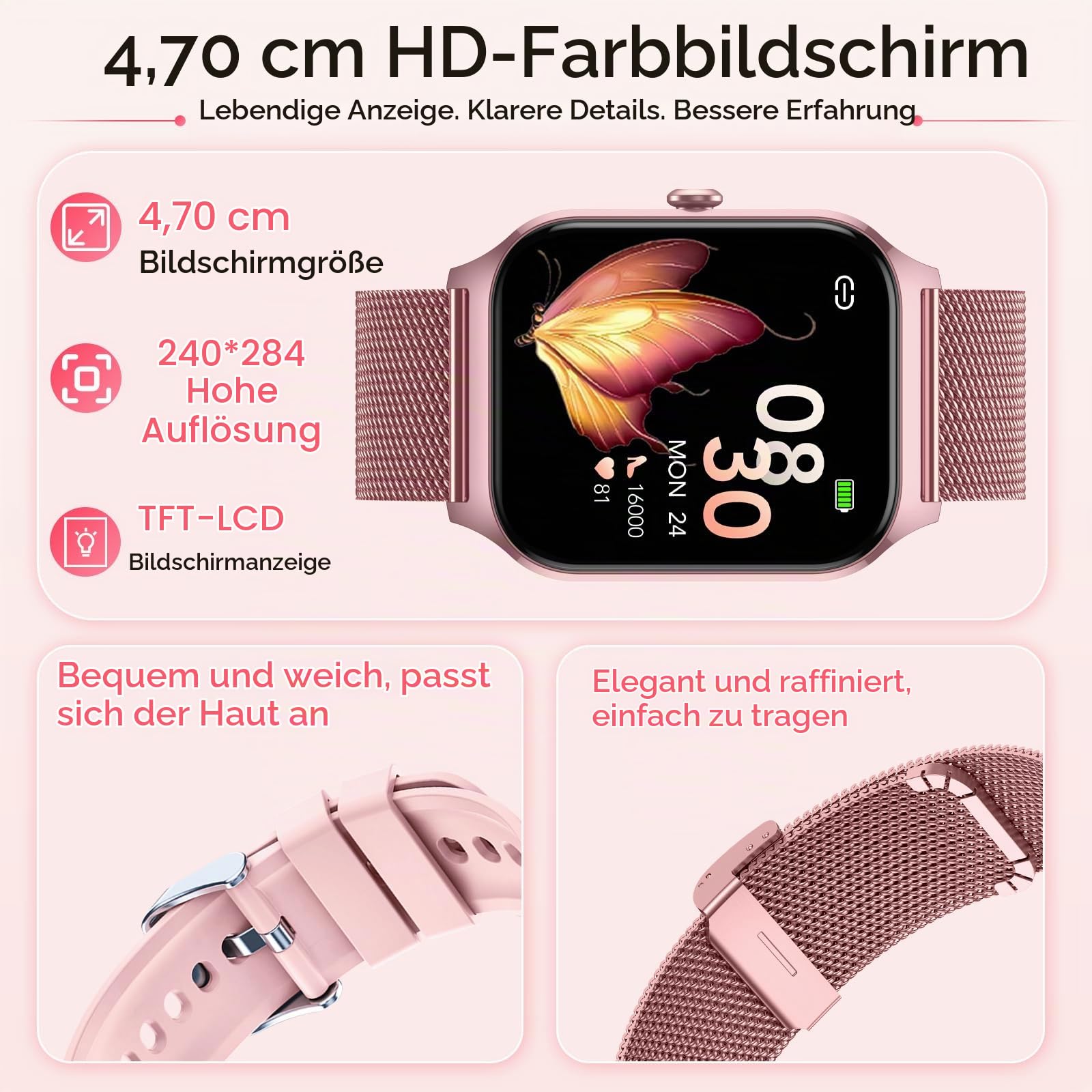 Smartwatch Damen mit Telefonfunktion, 1.85" HD Uhren mit Herzfrequenz SpO2 Schlafmonitor Schrittzähler, 120+ Sportmodi Fitnessuhr, IP68 Fitness Tracker, Smart Watch Kompatibel für Android iOS Rosa