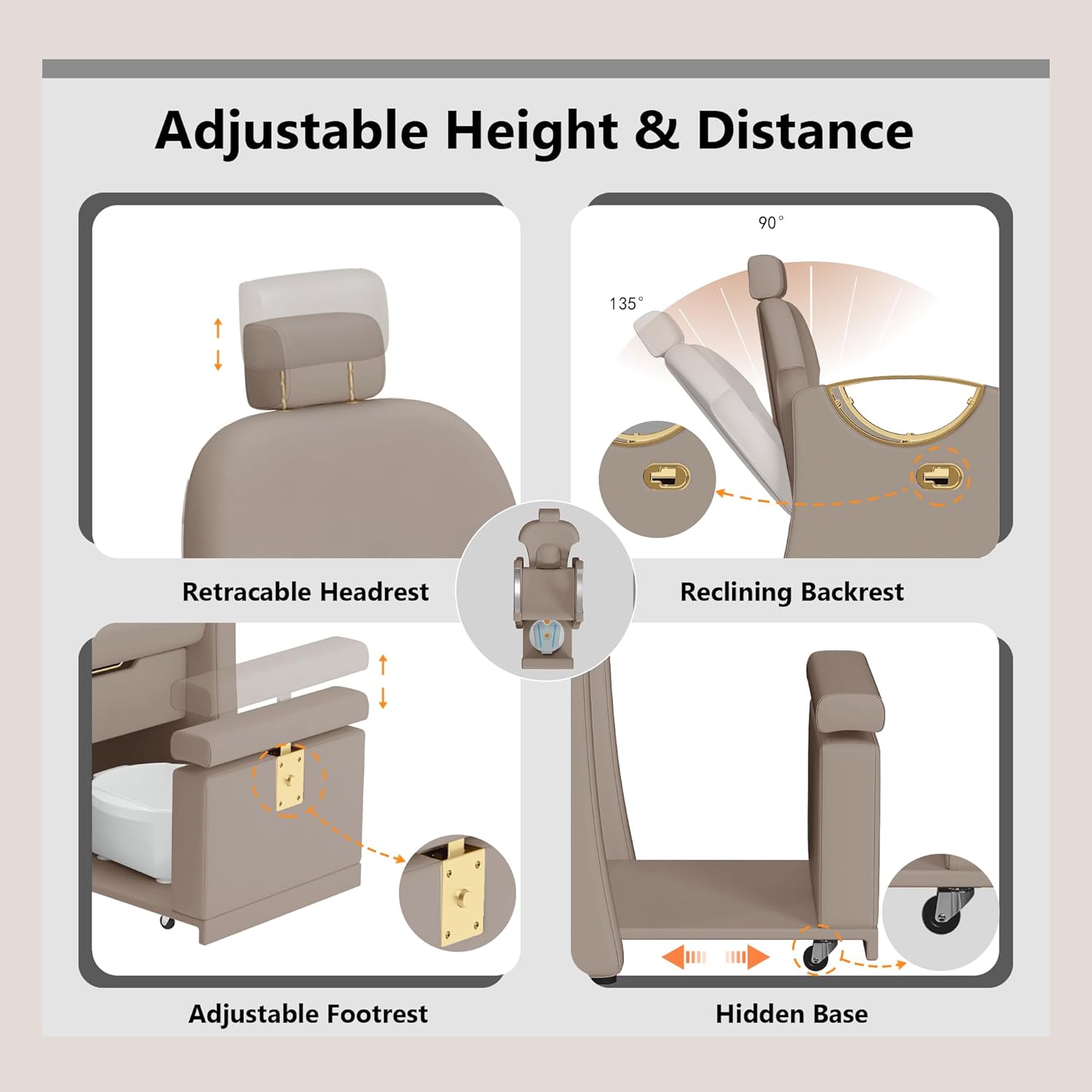 Pedicure Chair No Plumbing, Reclining Pedicure Station for Nail Tech,Pedi Station with Hidden Storage Platform & Headrest for Professional Nail Tech Supplies Spa Salon (Grey & Gold)