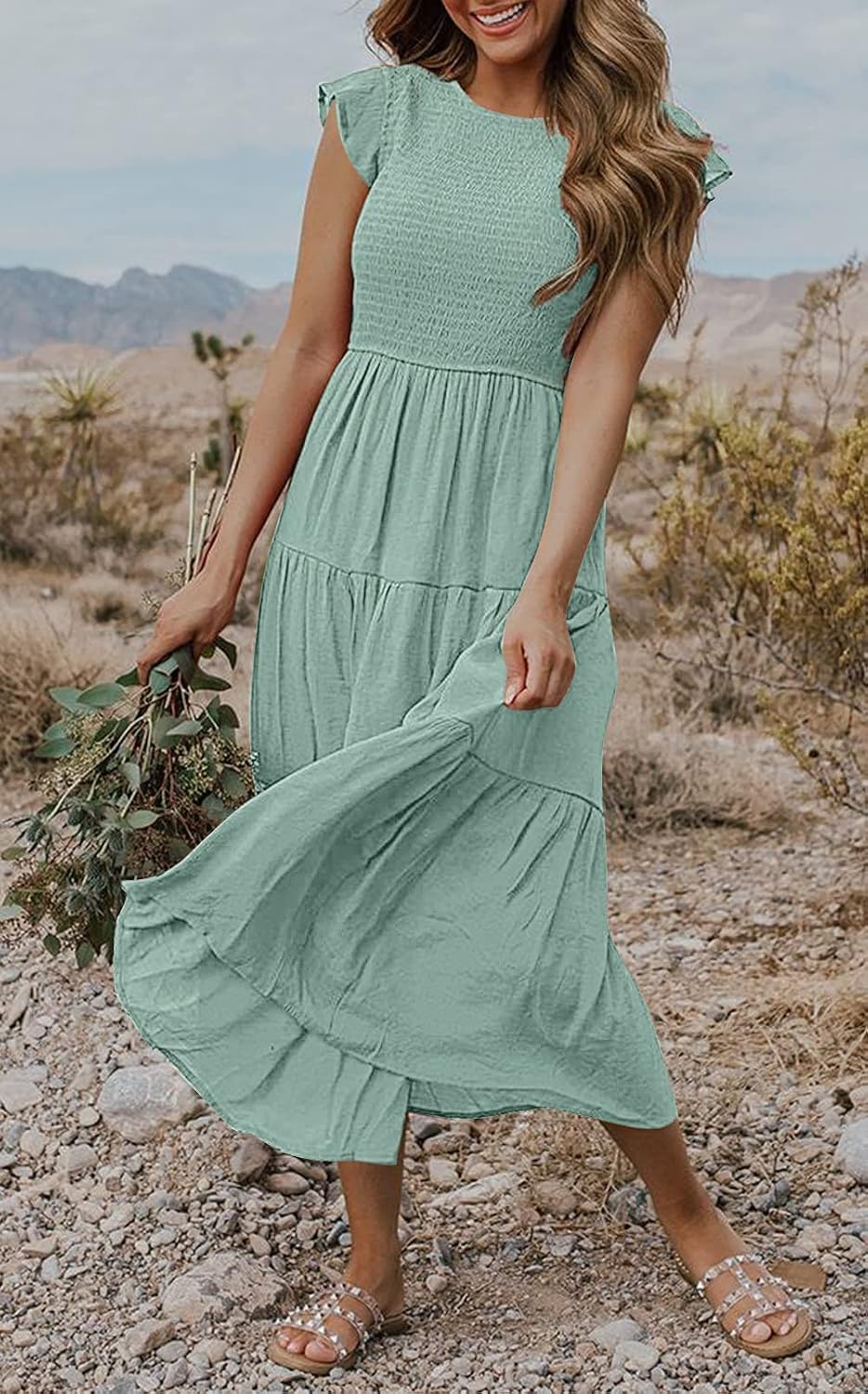 MEROKEETY Women's Summer Flutter Sleeve Smocked Midi Dress image 4
