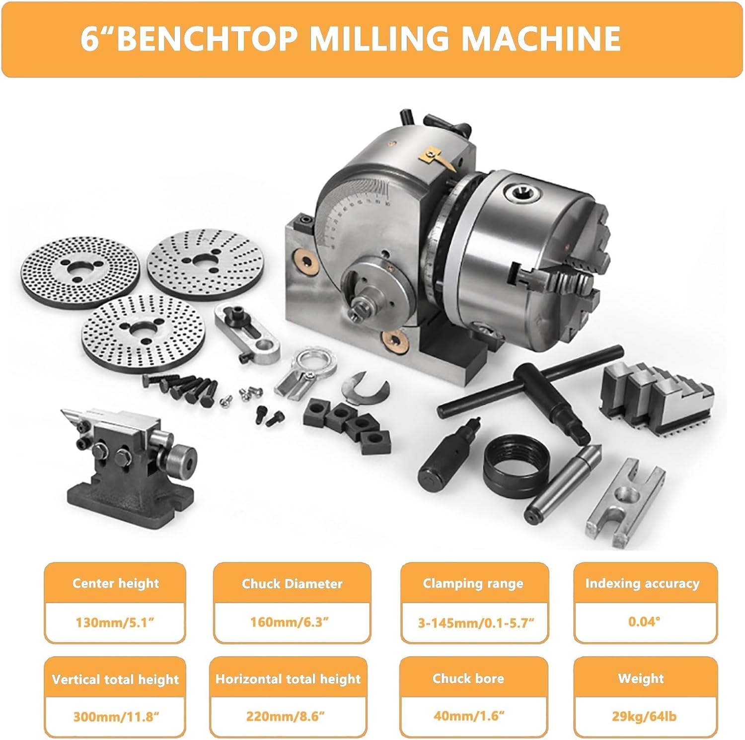 3-Jaw Dividing Head Set for Milling Machines, Semi Universal Milling Set with Chuck, Tailstock & Dividing Plates, Rotary Indexing Heads, 160mm/6in for Precision Machining