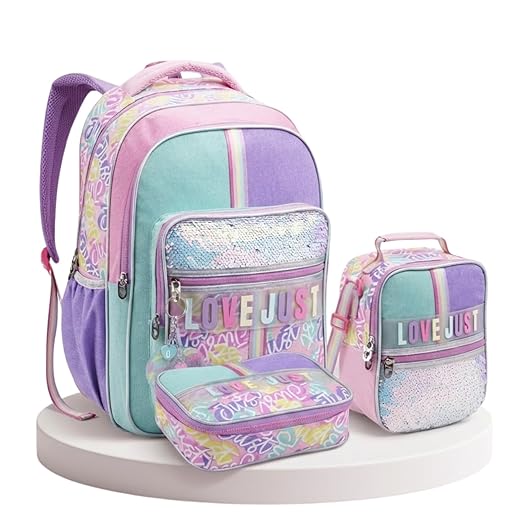 Kit Escolar Teen 3 Peças – Mochila 18" + Lancheira Térmica + Estojo | Premium | Glitter, Paetê, Holográfico, Multicompartimentos, Conforto e Resistência – Linha LOVE JUST