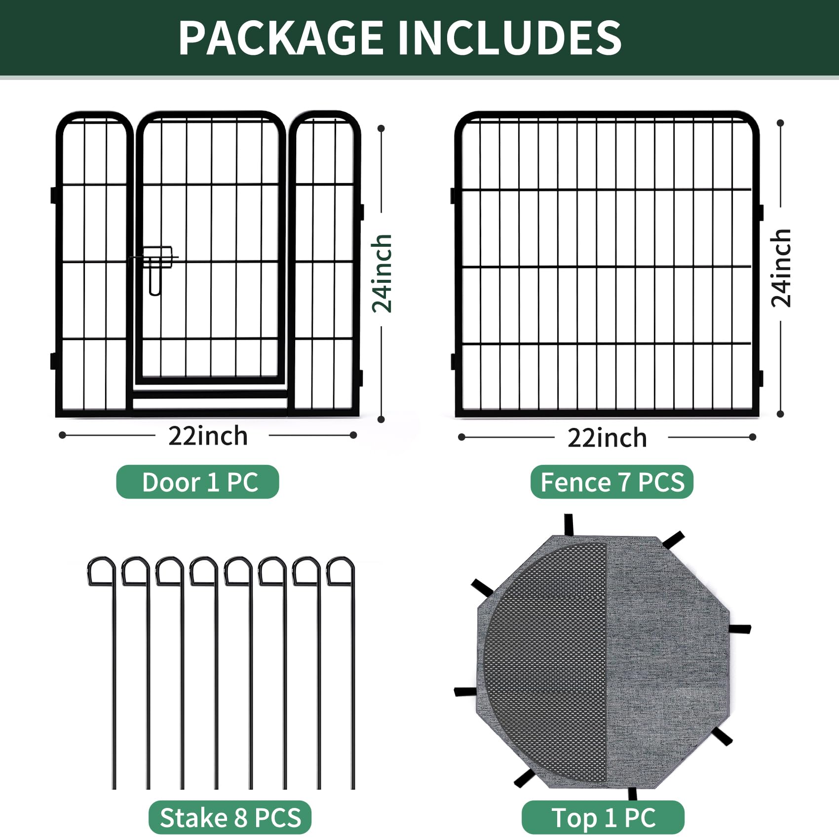 PETIME Recinzione per cani in metallo, resistente, per interni ed esterni, 55,9 x 61 cm (larghezza x altezza), 8 pannelli, con copertura superiore ottagonale