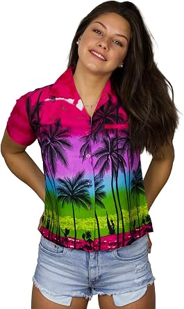Womens Blouse-Shirt Short-Sleeve Casual-Button-Down Short-Sleeve Hawaii-Shirt Sunset Ocean-Time