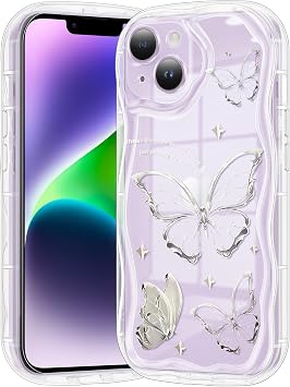 Compatible for iPhone 14 Case, Pretty Butterfly Print Three-dimensional Wave Clear Case for Girls Women, Soft Full Package Anti-fall Cover for iPhone 14, Silver Butterfly