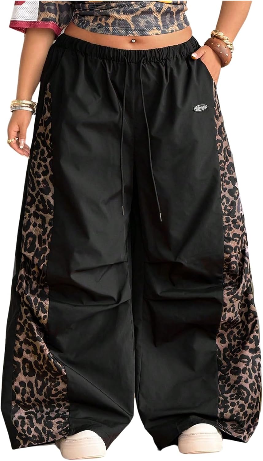 Floerns Women's Plus Size Wide Leg Track Pants Y2k Leopard Drawstring Waist Baggy Sweatpants Streetwear