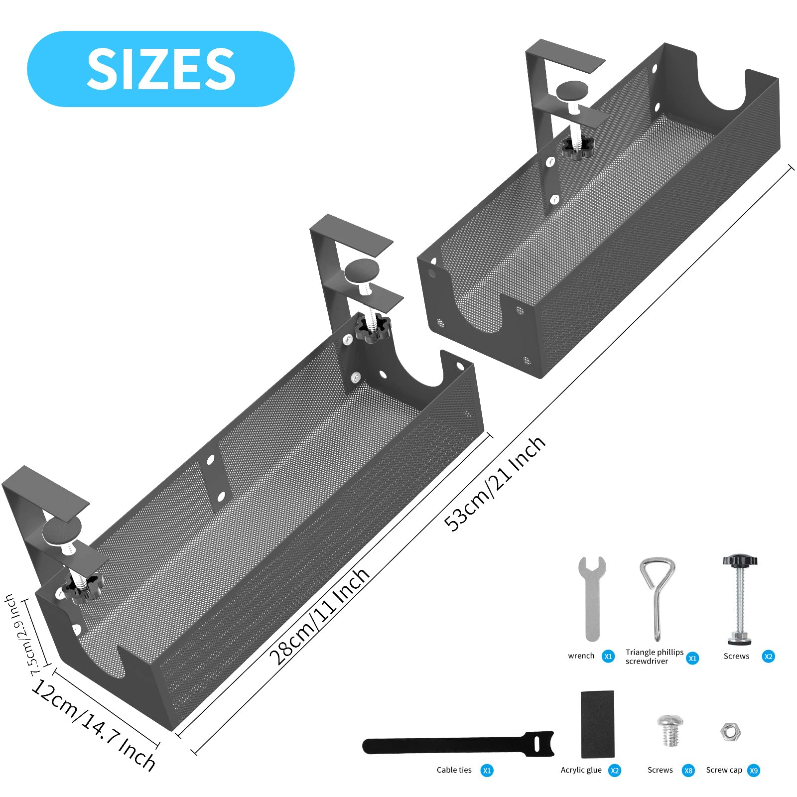 Organizador de cables para debajo del escritorio, organizador de cables de metal para debajo del escritorio, bandeja de gestión de cables, no daña el escritorio (negro)