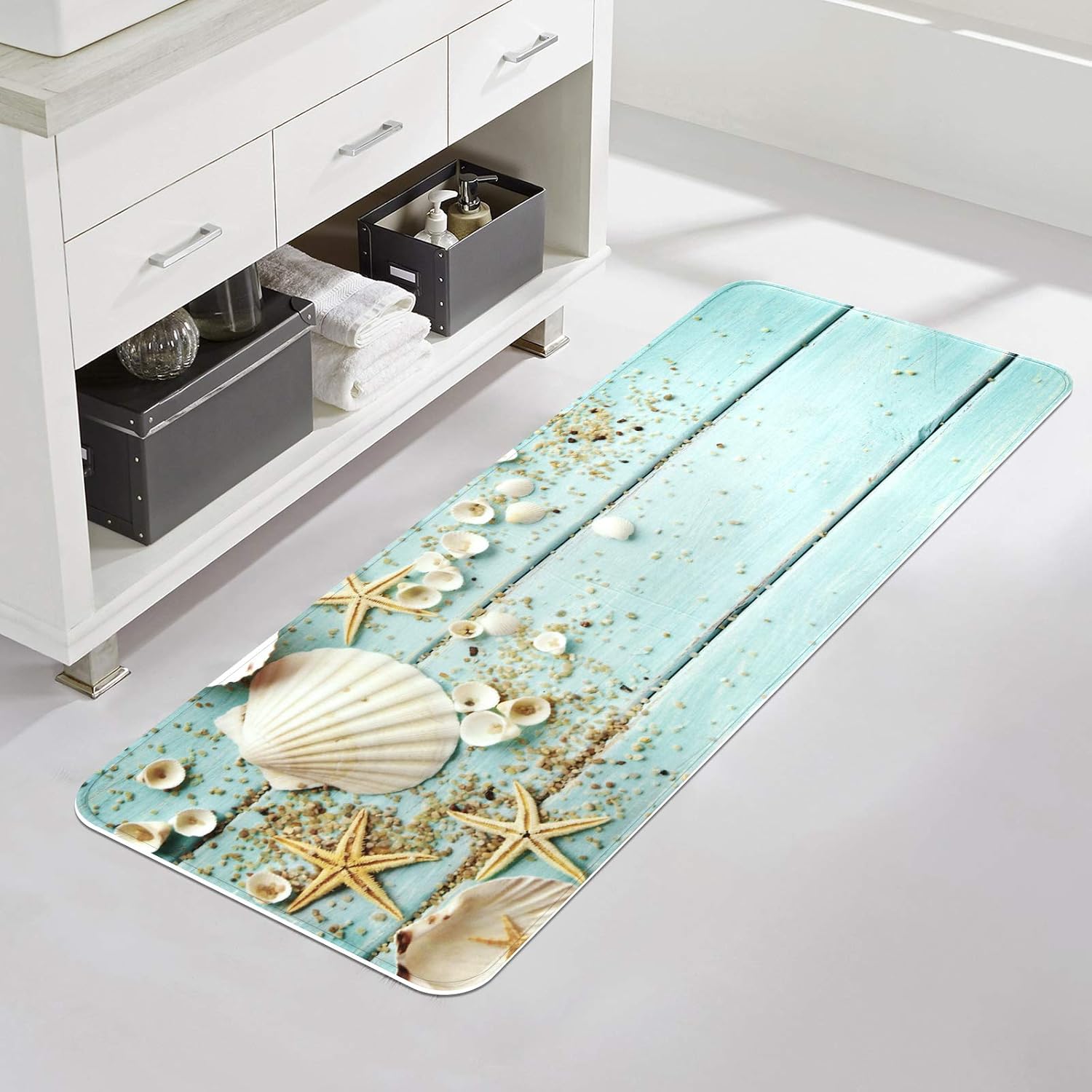 Uphome Foam Bath Rug Runner 18" x 47" Beach Shell Sea Collection Bath Mat Soft Flannel Vintage Boho Teal Bath Rug Non-Slip Machine Washable Shower Floor Carpet