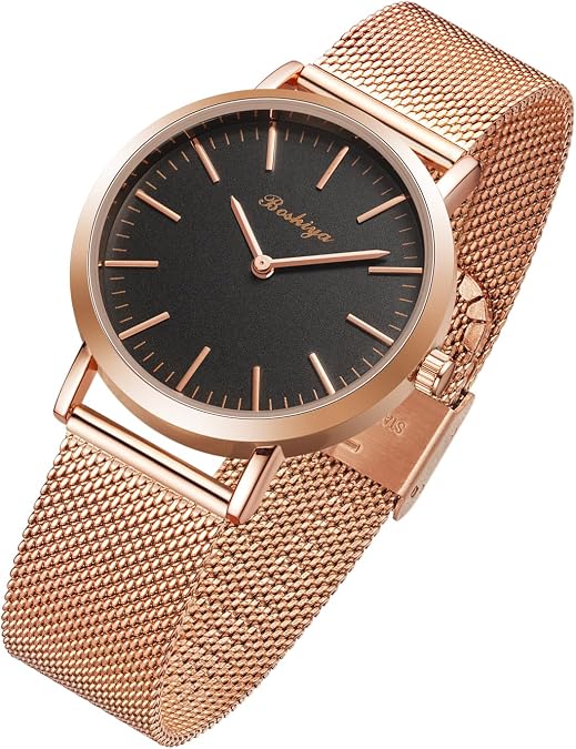 BOSHIYA Women's Stretch Band Watch Easy Reader 30mm Analog Quartz with Stainless Steel Elastic Strap Waterproof Ladies Wristwatch Gold/Silver