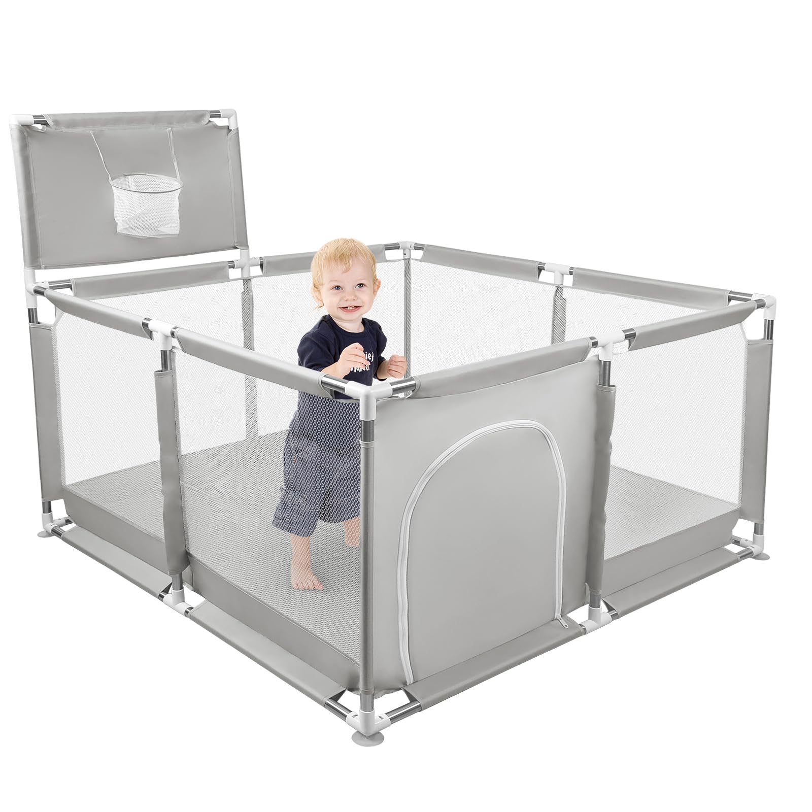 Parc Bébé,grand parc pour enfant en bas âge, Filet Respirant et Ventouses Antidérapantes, pour Enfants en Tissu Oxford 210D, Parc de Jeu Intérieur et Extérieur (126 x 126 x 66 cm (A) Gris clair)