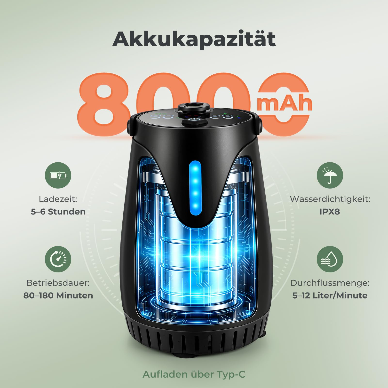 Campingdusche Tragbare mit 8000mAh Akku, Outdoor Dusche mit 3 Wasserabgabemodi, Mobile Dusche mit Temperaturanzeige & Schlauch, Sicher für 0-50°C, für Camping, Wandern, Haustiere