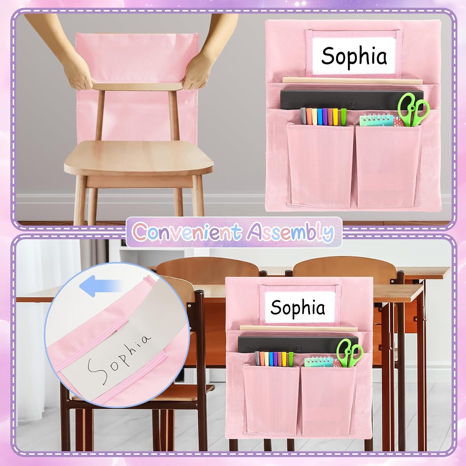 gisgfim 12 Pcs Small Chair Pockets for Classroom 13 x 14 Inch Bag with Name Tag Multi Pockets Chairsback Pouch Organizer for Student Kindergarten Elementary Daycare (Pastel Pink) image 5