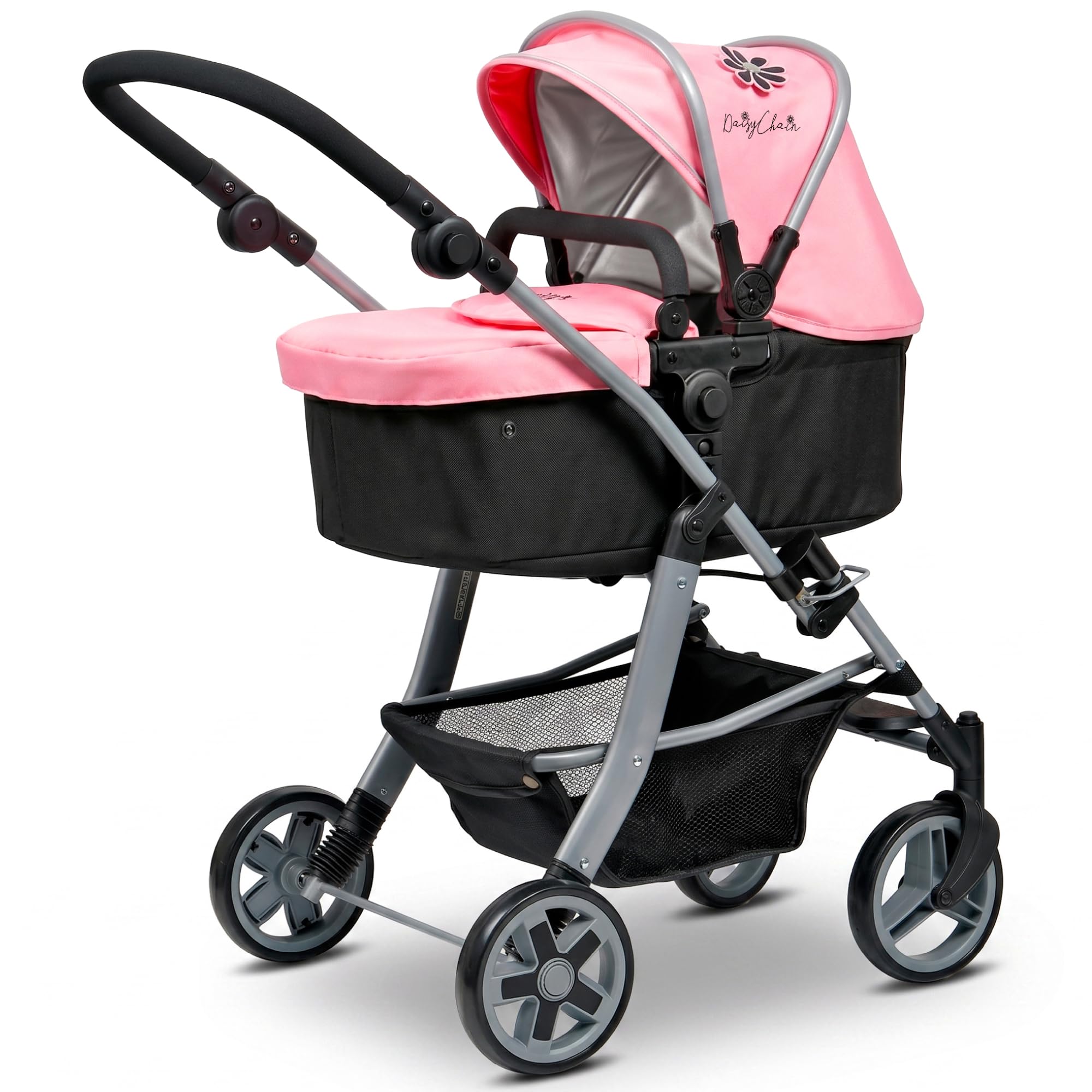 Daisy Chain Connect 5 in 1 Dolls Pram – Adjustable Handles From 48-85cm - For 4,5,6,7 and 8 Year Old Girls – Baby Doll Pram, Pushchair, Stroller (Classic Pink)