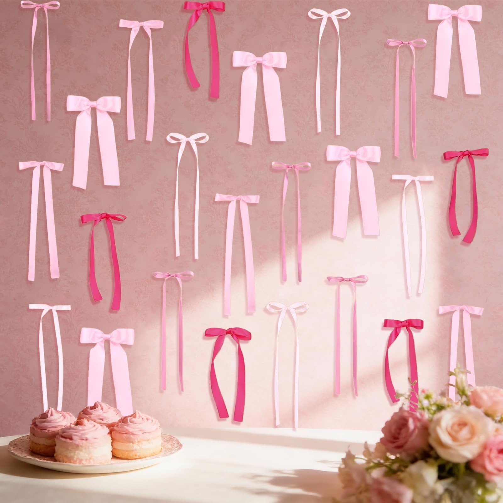 Charouse 40Pcs Pink Bow Wall Decor, 5 Sizes DIY Bow Photo Backdrop Ribbon Bows Garland, Pink Bows Party Decor for Birthday Baby Shower Bachelorette